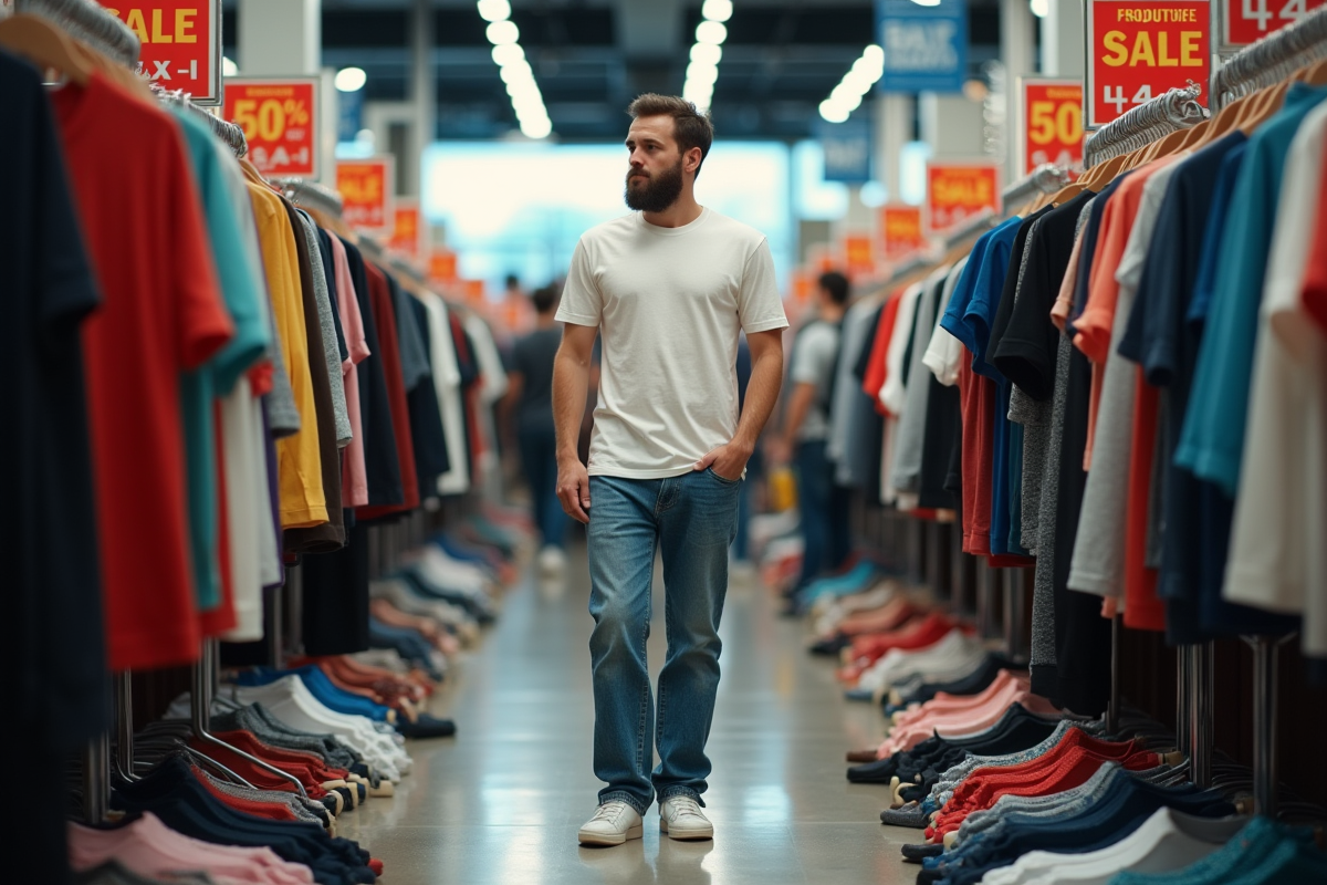 Jeune homme dans un magasin de mode rapide surchargé