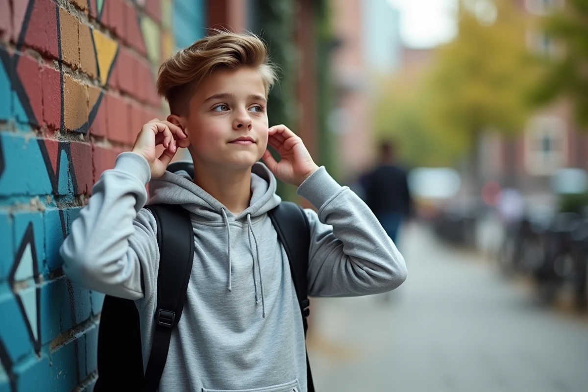 Jeune garçon devant un mur urbain après coiffure