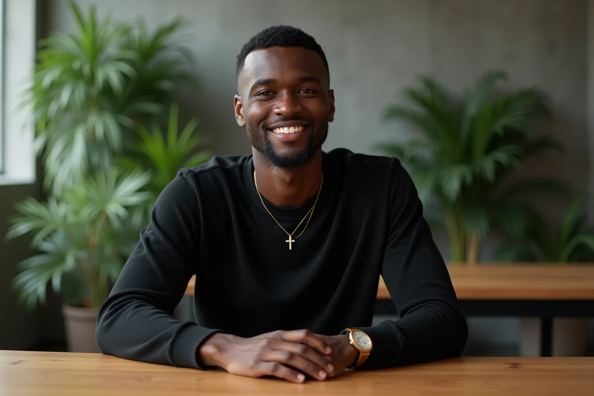 Jeune homme noir en sweat noir avec collier en or dans un intérieur moderne