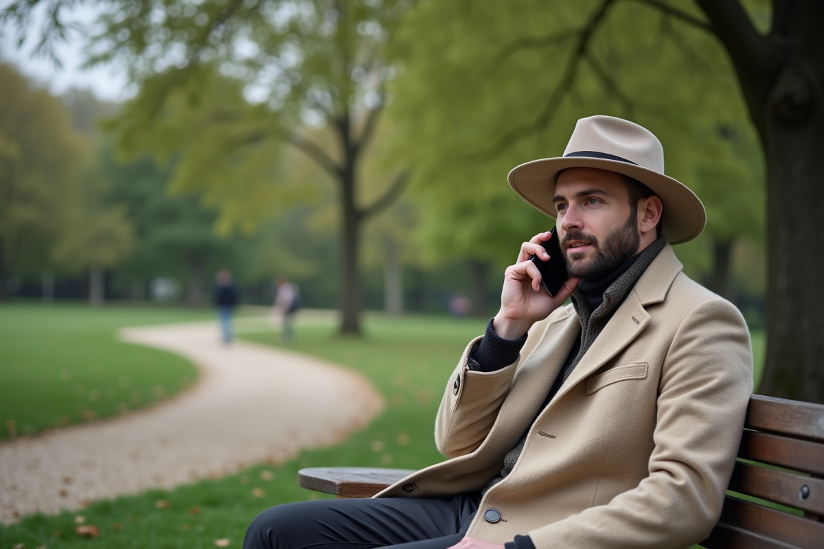 Jeune homme en manteau léger et chapeau discutant dans un parc