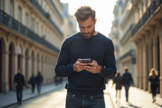 Jeune homme parisien regardant son smartphone dans la rue