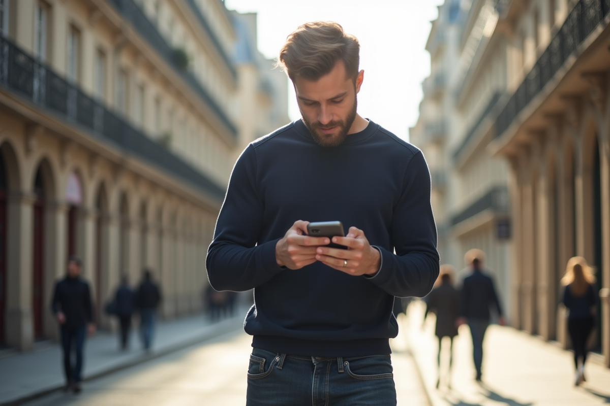 Jeune homme parisien regardant son smartphone dans la rue