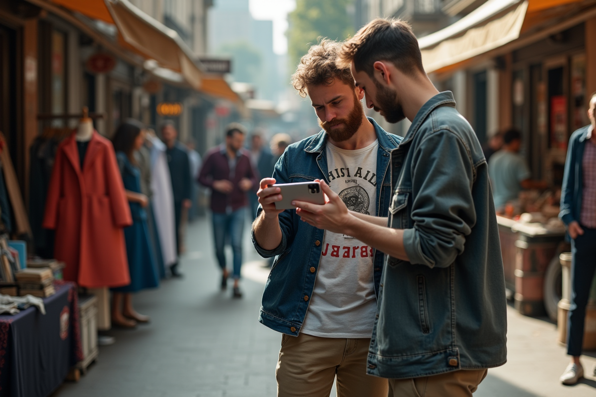 Jeune homme photographiant une veste au marché vintage