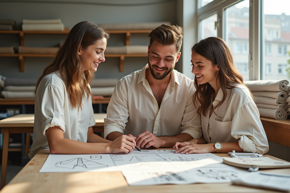 Étudiants en mode durable collaborant sur un plan de design