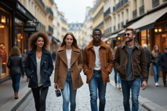 Jeunes adultes mode dans une rue parisienne animée