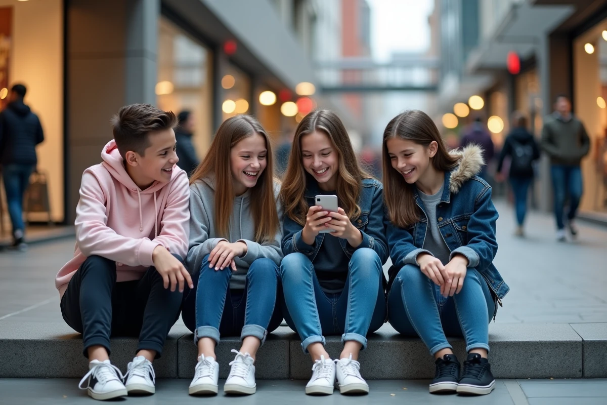 Jeunes adolescents souriants avec smartphone en extérieur