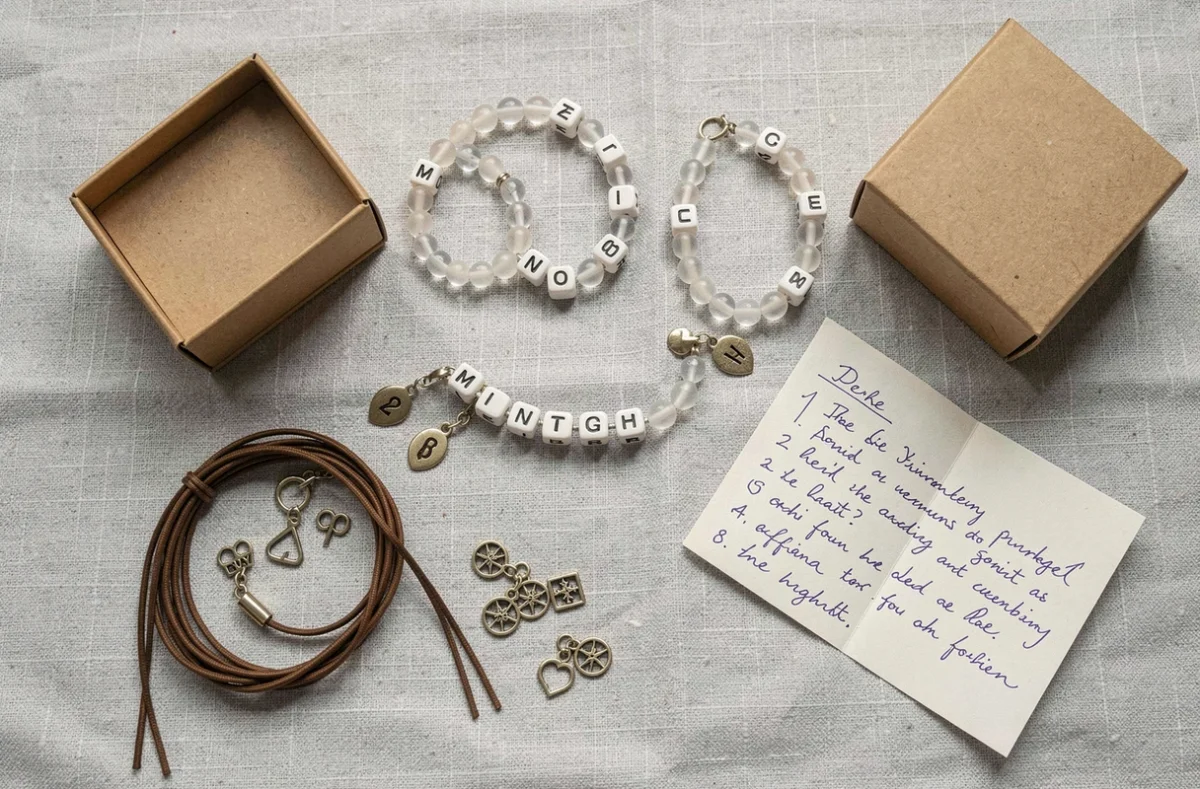 Vue du dessus d'un kit bracelet personnalisé avec perles lettres, charms et cordon élastique disposés sur un tissu lin gris clair