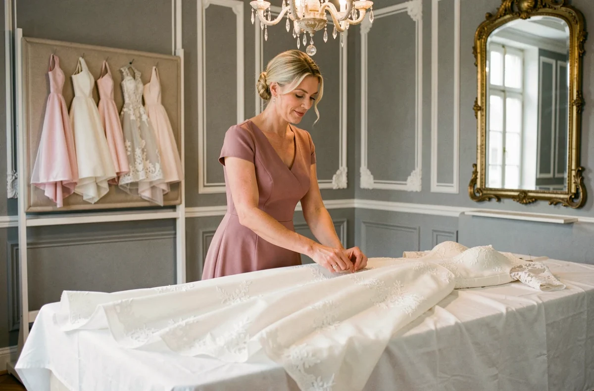 Couturière de Laetitia Couture cousant à la main des dentelles sur une robe de mariée dans un atelier au style provincial français
