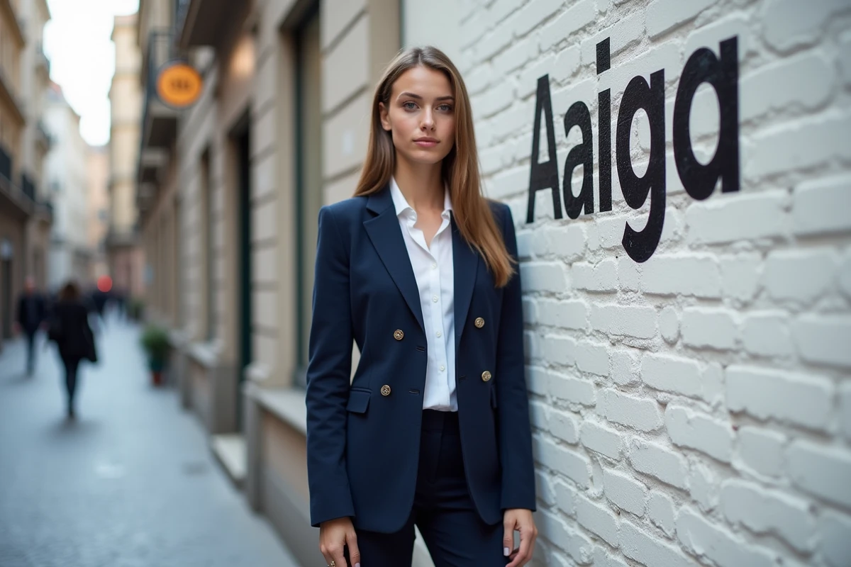 Femme portant un blazer avec insigne de marque devant un mur peint avec un grand logo de marque de vêtements en milieu urbain européen