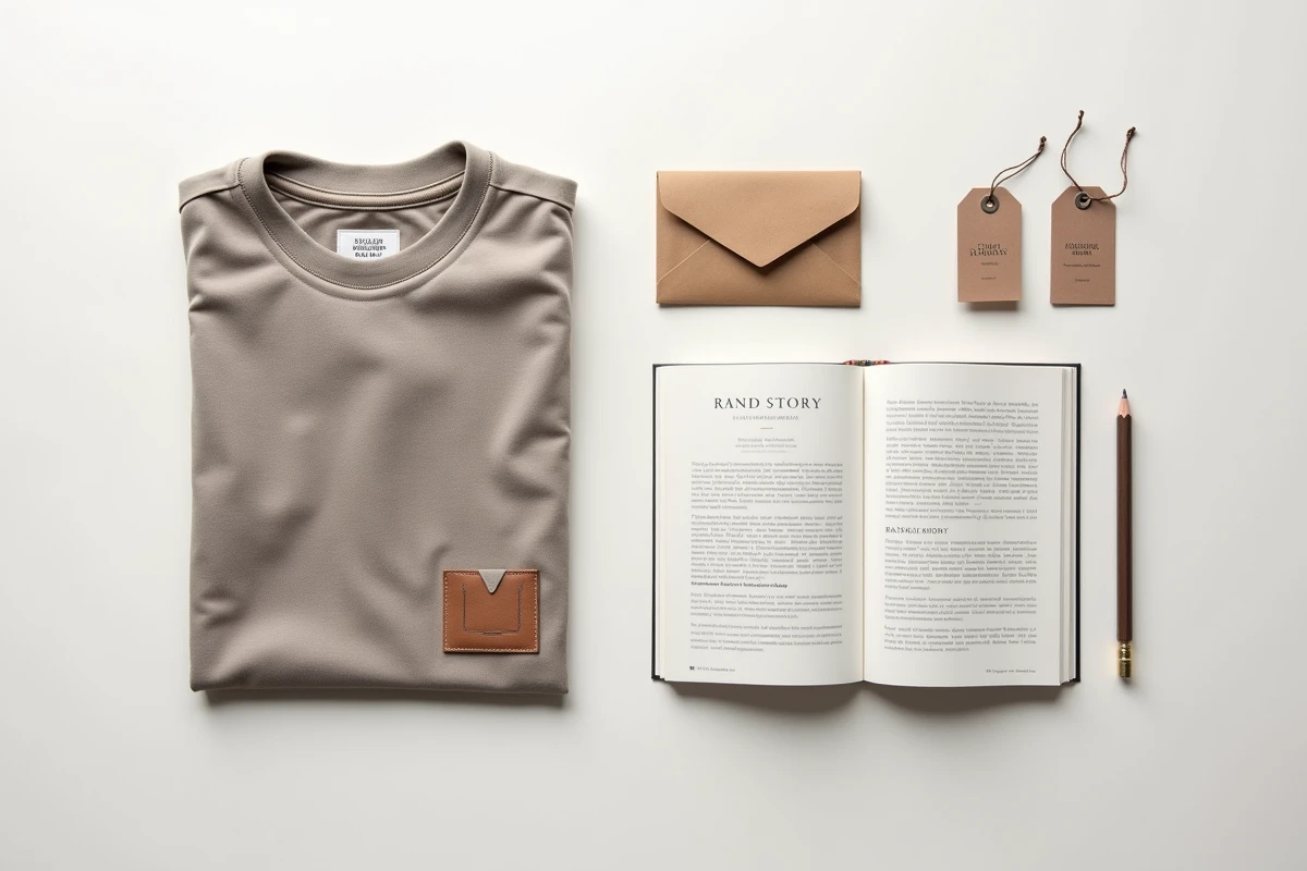 Flat lay de branding mode avec étiquette tissu, patch cuir et lookbook ouvert illustrant l'identité visuelle d'une marque de vêtements connue