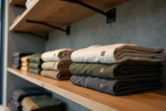T-shirts de marque avec logo brodé disposés sur une étagère en bois dans une boutique haut de gamme, identité visuelle forte et textile premium