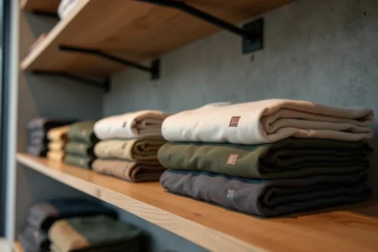 T-shirts de marque avec logo brodé disposés sur une étagère en bois dans une boutique haut de gamme, identité visuelle forte et textile premium
