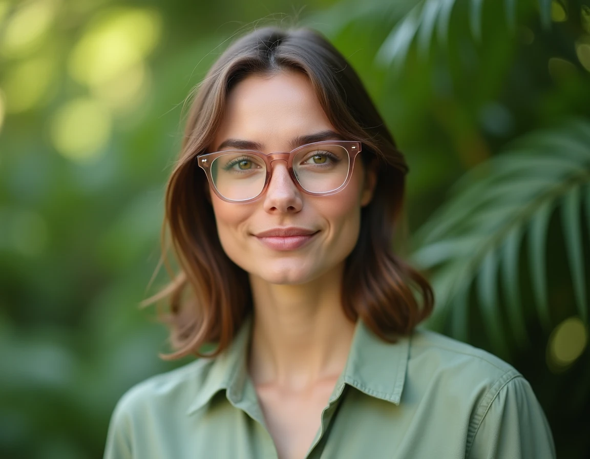 Jeune femme portant des lunettes rectangulaires en acétate rose nude dans un jardin botanique verdoyant
