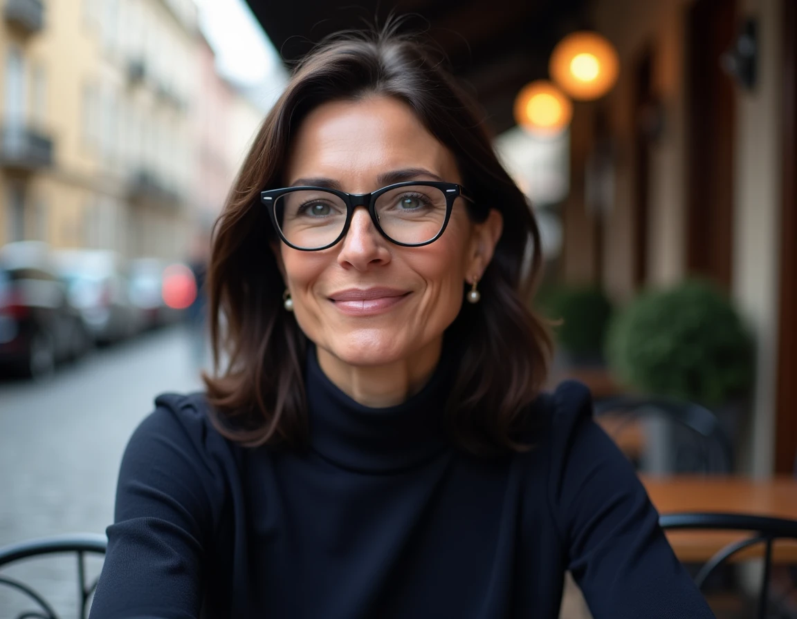 Femme mature avec lunettes rectangulaires monture métal noire assise en terrasse de café parisien