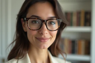 Femme portant des lunettes de vue rectangulaires en acétate écaille dans un intérieur parisien minimaliste