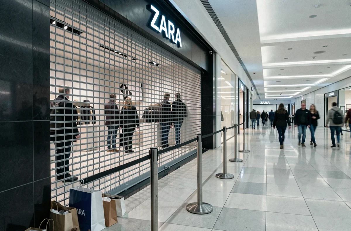 Devanture d'un magasin Zara fermé dans un centre commercial avec le rideau baissé, illustrant les fermetures de boutiques Zara en France