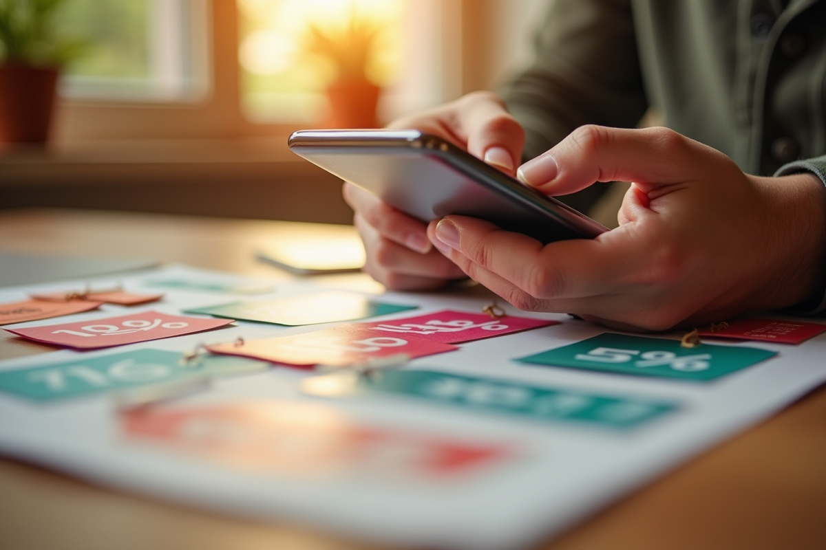 Mains utilisant un smartphone pour comparer des offres en ligne