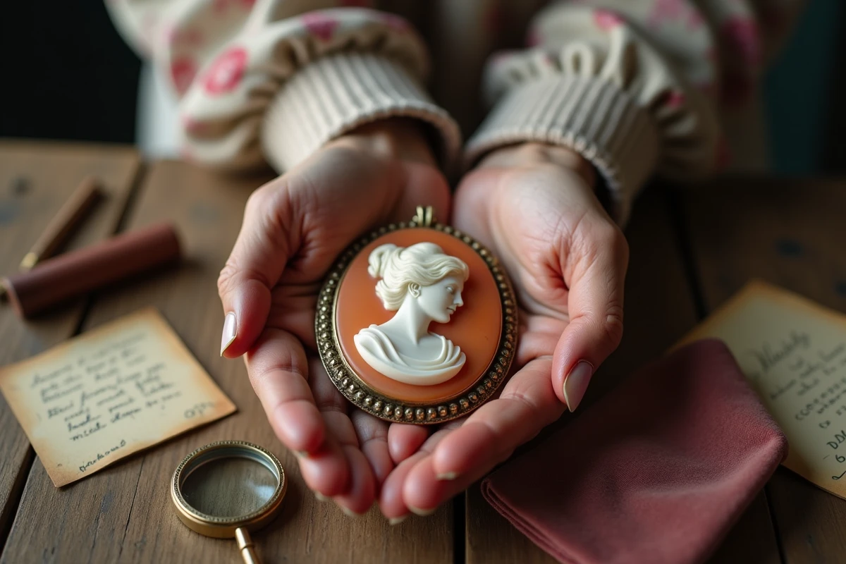Mains d'une femme âgée tenant un pendentif camée ancien en coquille avec un profil féminin sculpté lors d'une expertise