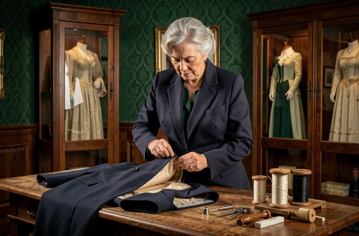Tailleuse de la Maison Loridan inspectant la doublure cousue main d'un manteau classique dans un atelier au décor patrimonial