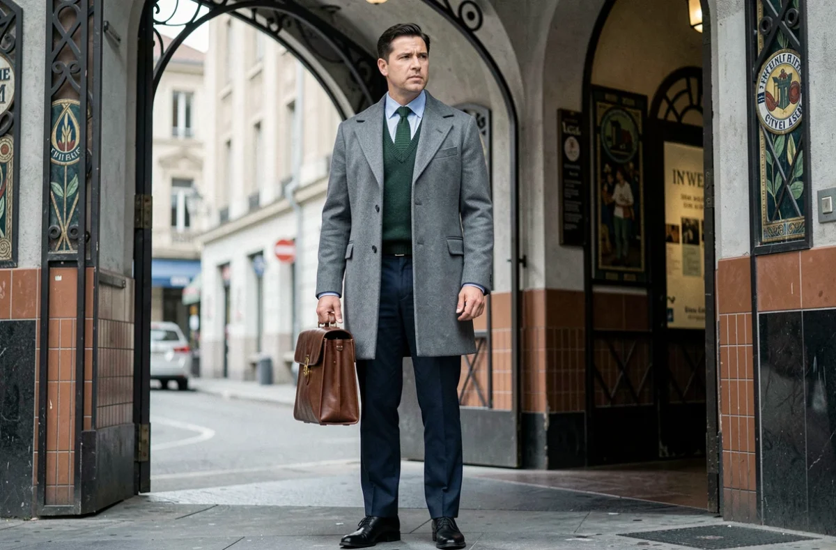 Homme en manteau laine années 30 devant une entrée Art Déco avec mallette en cuir vintage