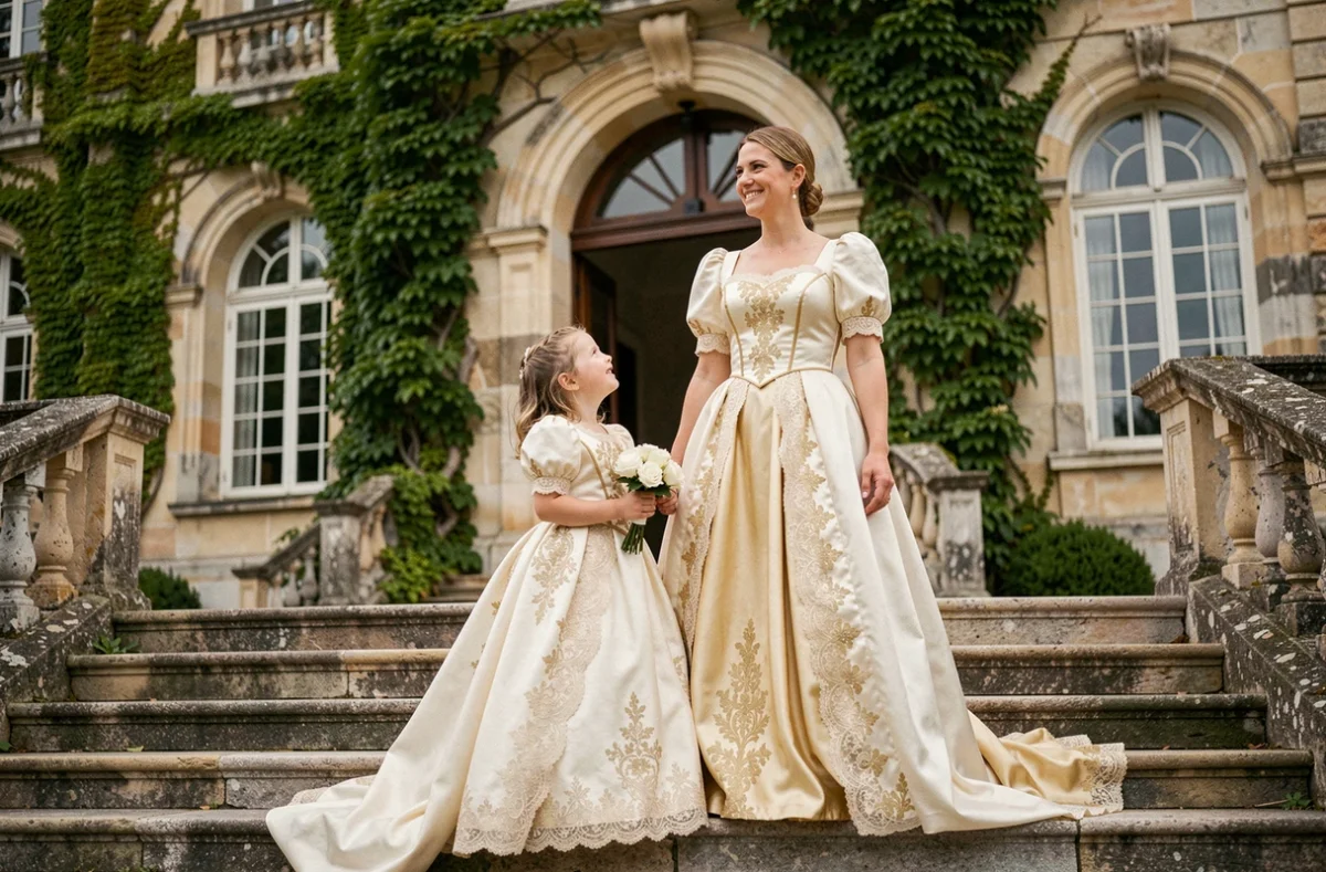 Mère et fille en robes de princesse ivoire et or sur les marches d'un château européen