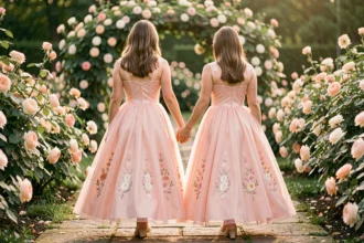 Mère et fille en robes de princesse assorties rose pastel se promenant dans un jardin fleuri