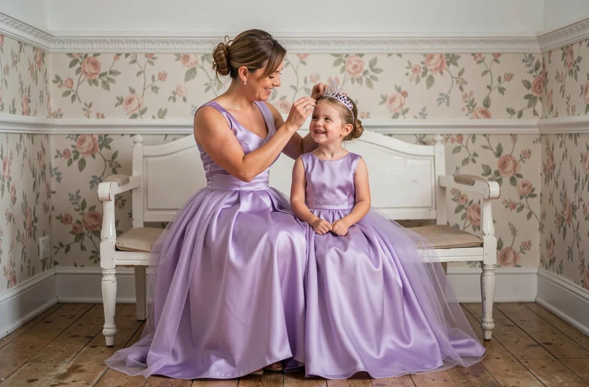 Mère aidant sa fille à porter une tiare, toutes deux en robes de princesse lavande dans un salon vintage