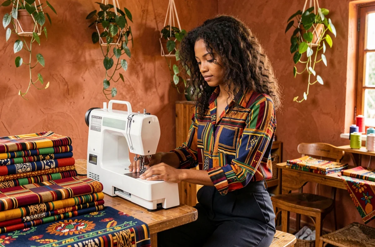 Couturière de Mestizo travaillant sur une surjeteuse entourée de tissus colorés aux motifs africains et latinos dans son atelier