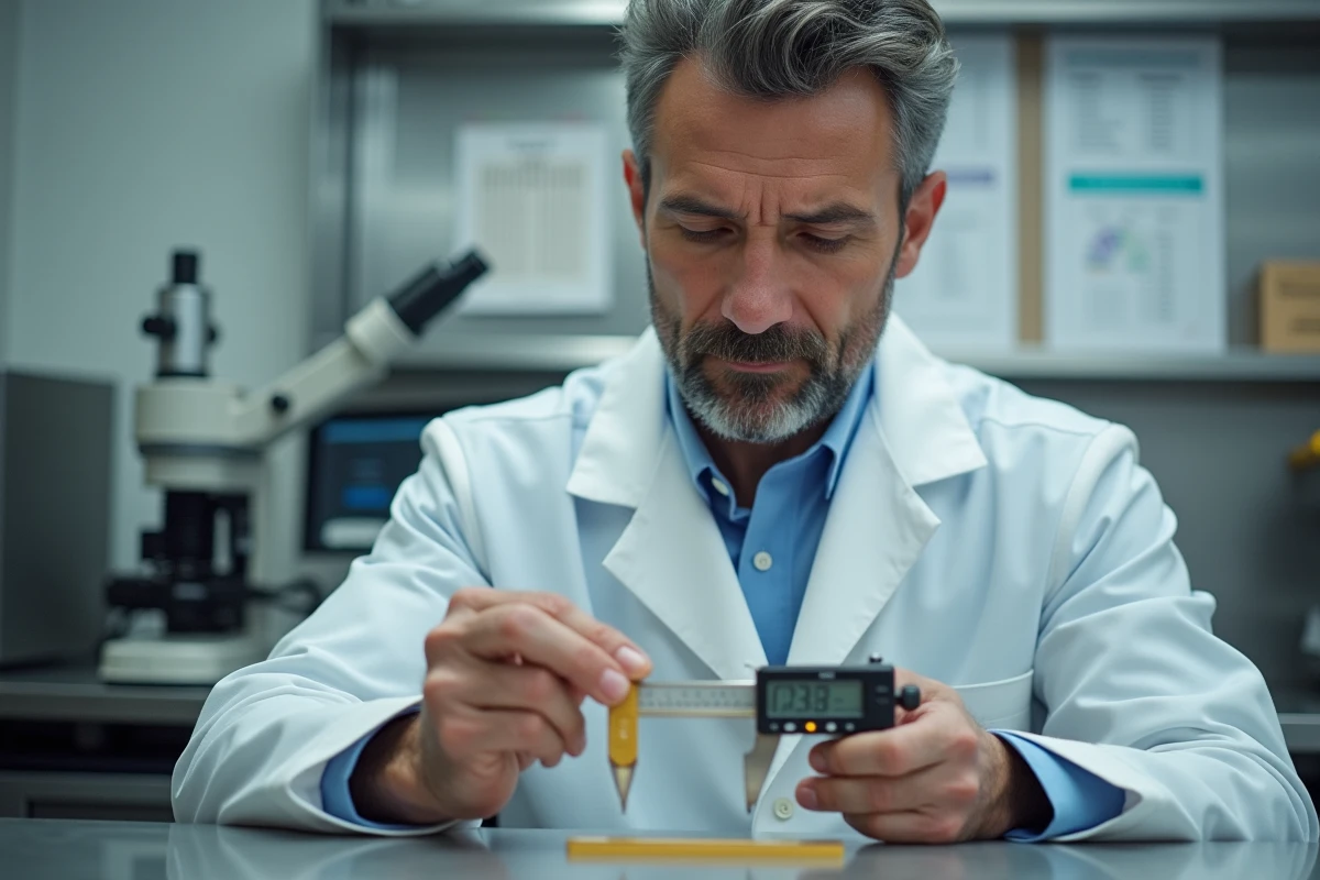 Technicien mesurant l'épaisseur d'une couche de plaqué or avec un micromètre dans un laboratoire
