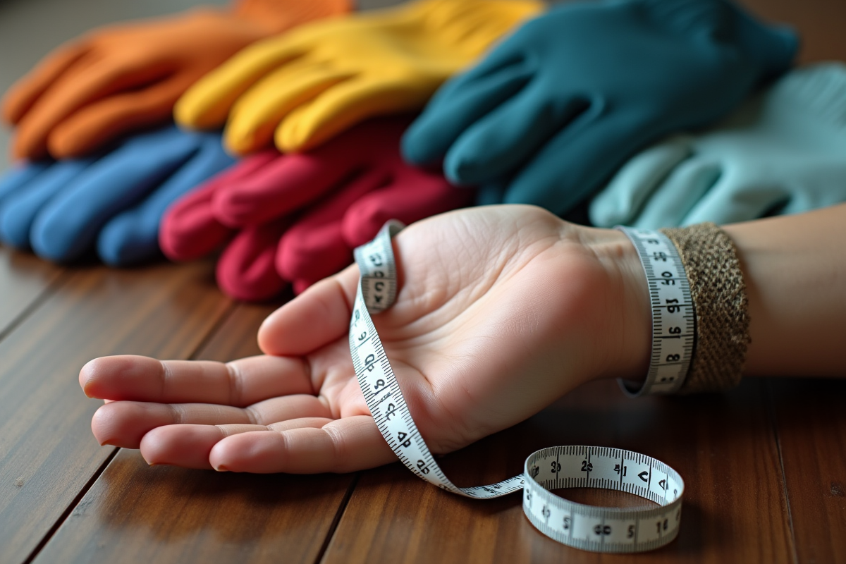 Mètre autour de la paume avec gants colorés sur une table en bois