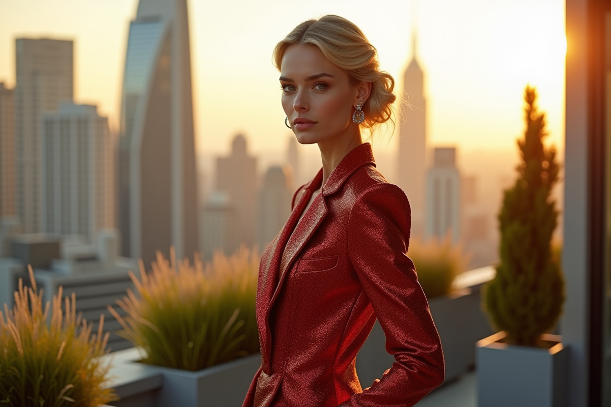 Modèle en couture exclusive sur un toit de ville au coucher du soleil