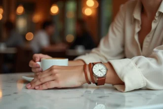 Femme portant une montre bracelet double tour en cuir camel au poignet dans un café parisien