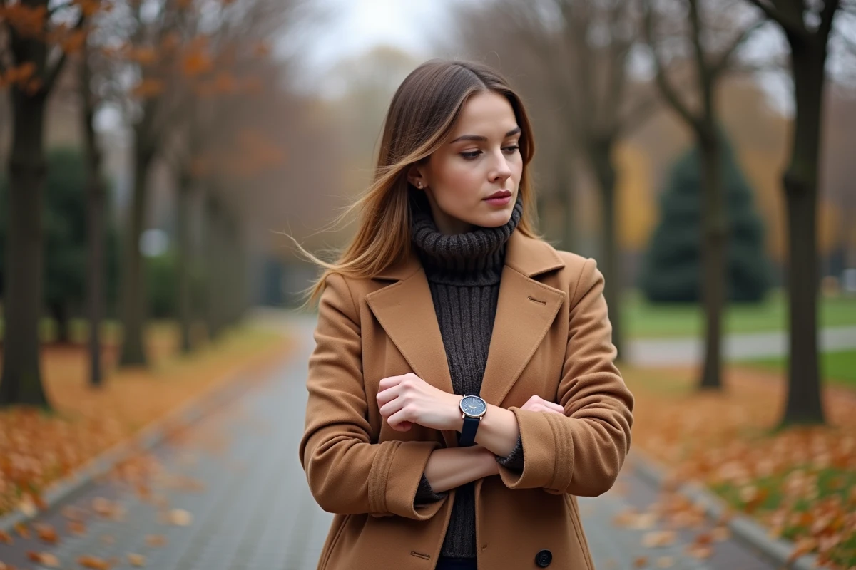 Femme en manteau camel consultant sa montre double tour cuir marine dans un parc en automne