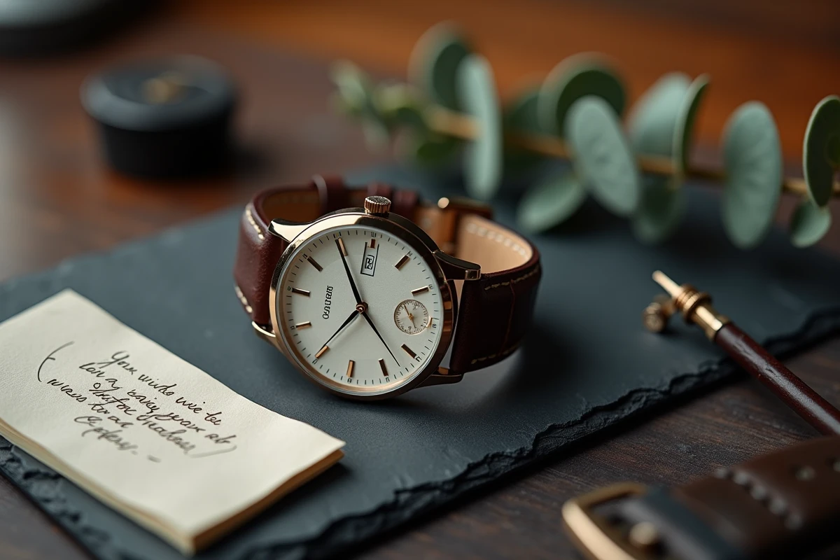 Montre homme personnalisée avec gravure posée en flat lay sur ardoise avec outils d'horlogerie