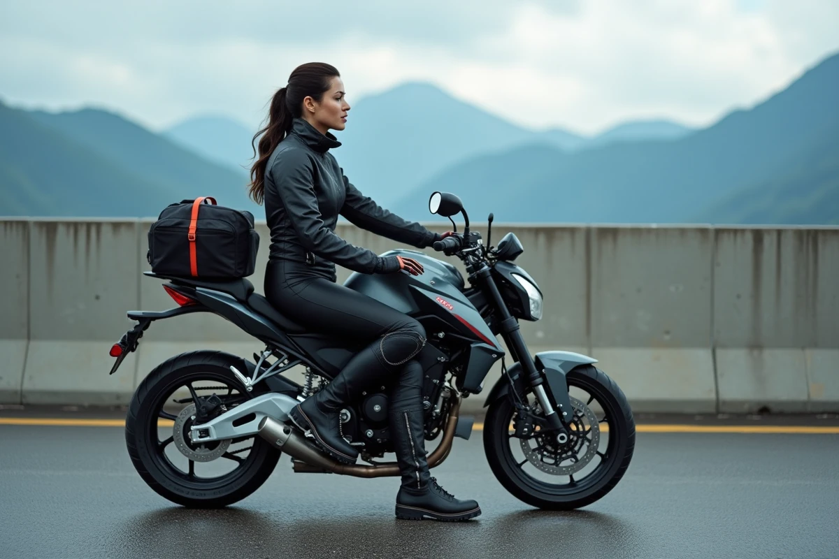 Motarde assise sur sa moto à une aire de repos avec des bottes moto femme sportives et légères adaptées aux longs trajets