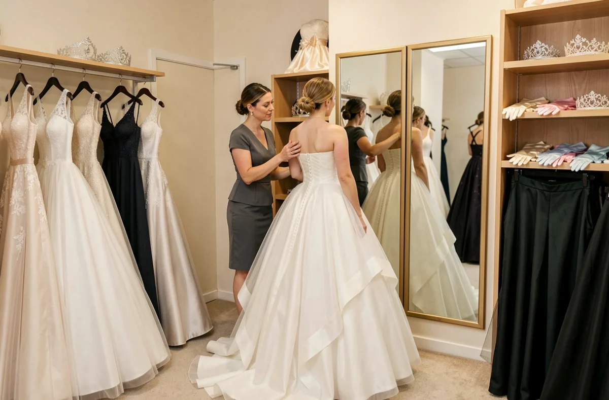 Essayage d'une robe de bal en tulle chez Nancy Mariage, boutique spécialisée en robes de soirée à Nancy