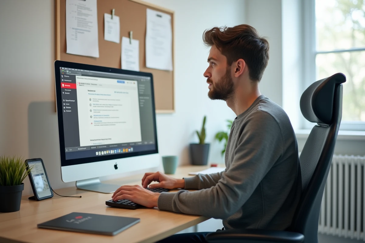 Nouvel embauché La Poste consultant l'espace habillement en ligne sur un ordinateur lors de son intégration RH