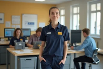 Nouvelle employée de La Poste portant l'uniforme réglementaire bleu marine au guichet d'un bureau de poste français