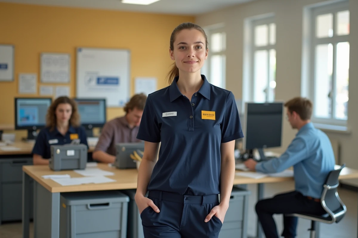 Nouvelle employée de La Poste portant l'uniforme réglementaire bleu marine au guichet d'un bureau de poste français