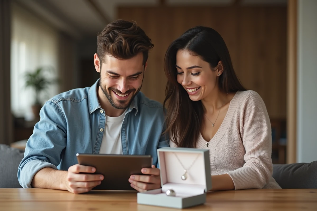 Jeune père et mère enceinte regardant une tablette à la maison