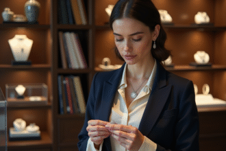 Femme parisienne élégante examine un collier en bijoux
