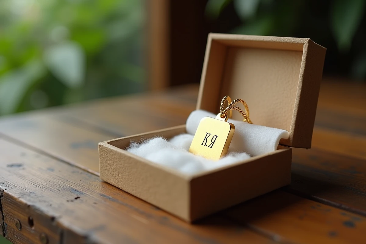 Pendentif médaille rectangulaire en or gravé avec initiales dans un écrin kraft, vue en plongée légère