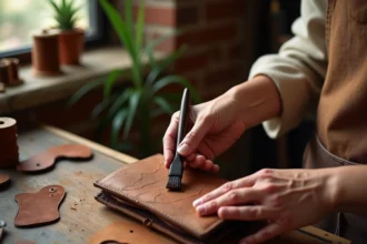 Mains artisanes appliquant un baume conditionneur sur un portefeuille en cuir vintage posé sur un établi en bois avec des outils de maroquinerie