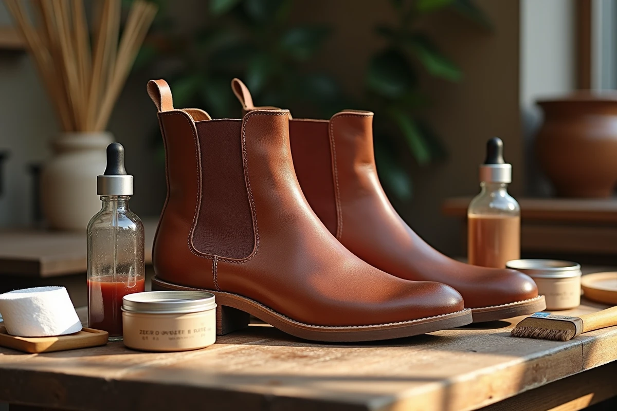 Gros plan sur deux bottines en cuir en cours de teinture naturelle entourées de produits écologiques zéro déchet sur une table en bois rustique
