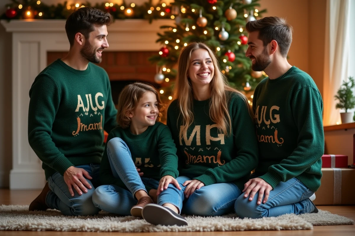 Famille réunie portant des pulls de Noël personnalisés assortis autour d'un sapin décoré avec des cadeaux au sol
