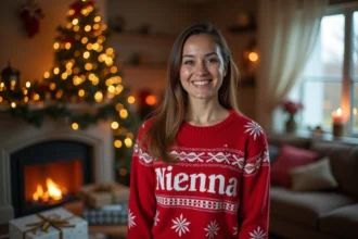 Femme portant un pull de Noël personnalisé rouge avec son prénom brodé, devant un sapin décoré dans un salon chaleureux