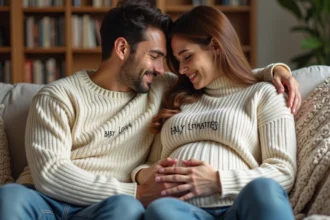 Couple assis sur un canapé portant des pulls assortis pour annoncer une grossesse avec tendresse
