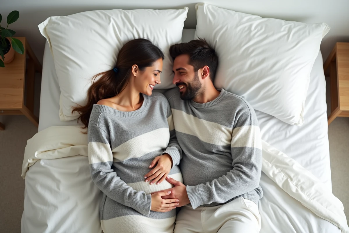 Couple allongé sur un lit en pulls assortis rayés pour une annonce de grossesse en douceur