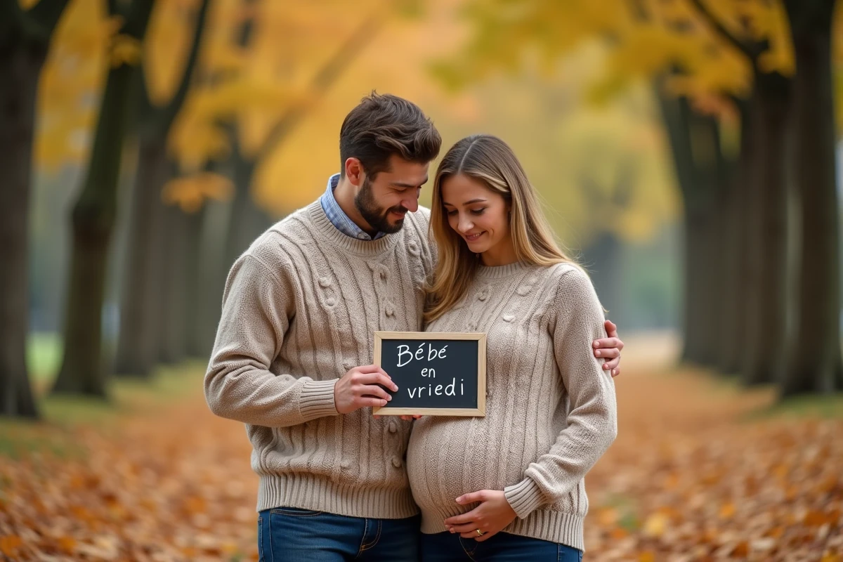 Couple en pulls assortis dans un parc en automne tenant une ardoise pour annoncer leur grossesse