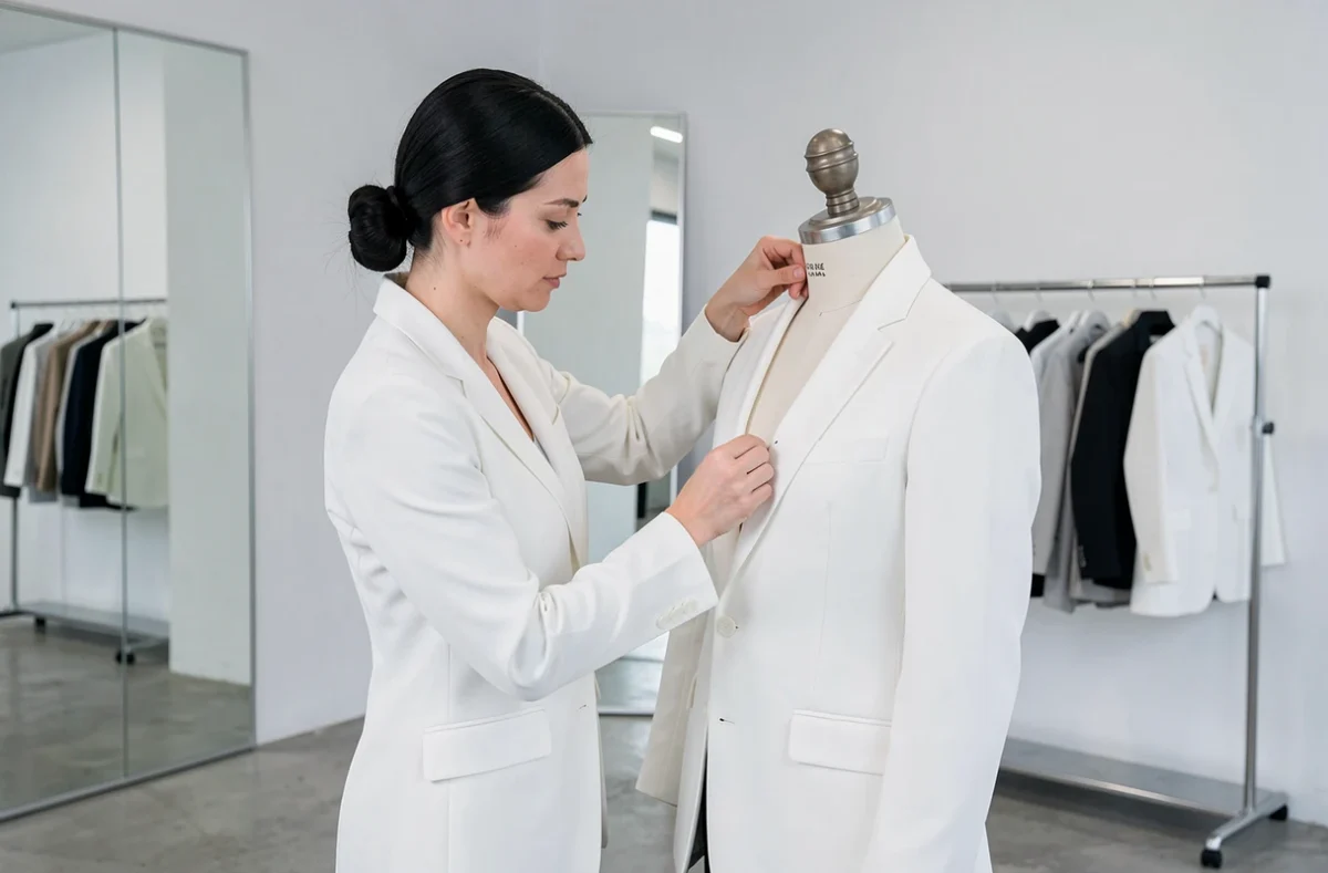 Spécialiste en retouche Mode ajustant les coutures d'un blazer structuré sur un mannequin dans une boutique épurée